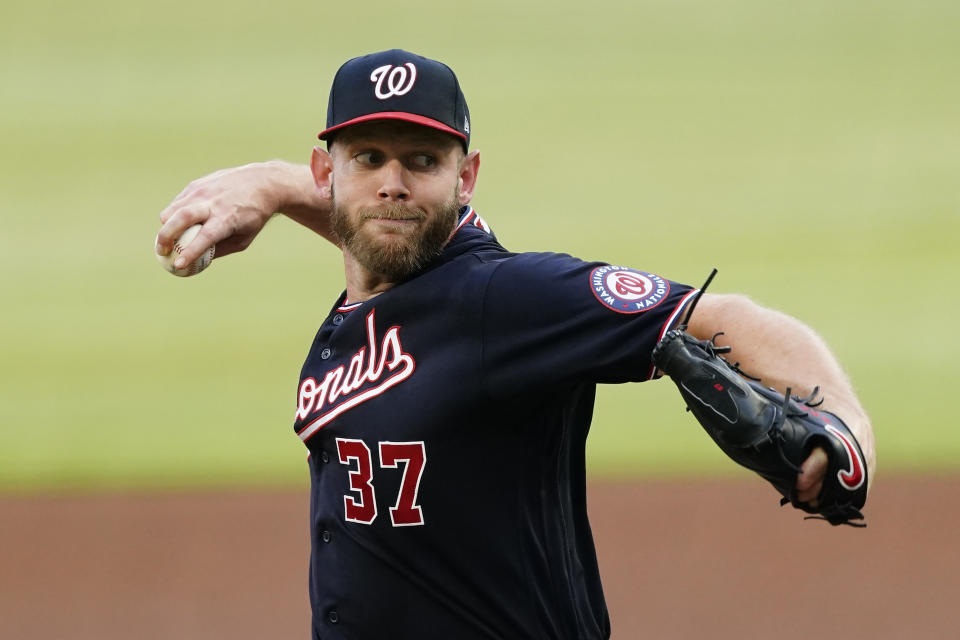 FILE - In this June 1, 2021, file photo, Washington Nationals starting pitcher Stephen Strasburg delivers in the first inning of a baseball game against the Atlanta Braves in Atlanta. Strasburg felt some discomfort in his neck after a recent bullpen session, and Washington manager Dave Martinez said Friday, July 23, 2021, the team is trying to figure out what to do next. (AP Photo/John Bazemore, File)