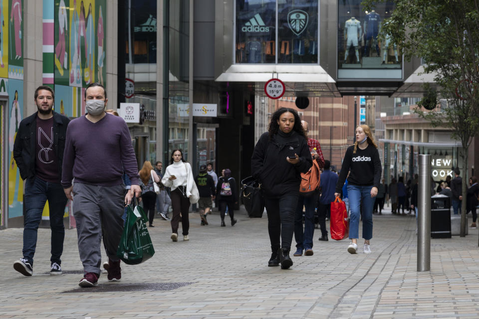 People, some with shopping bags, out and about in the city centre on 4th September, 2021 in Leeds, United Kingdom. Despite a rise in footfall across the UK's high streets, new data has shown more than 8,700 chain stores have closed permanently, with the Covid-19 pandemic seeing consumer habits shifting in favour of shopping online or locally. (photo by Daniel Harvey Gonzalez/In Pictures via Getty Images)