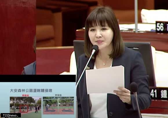 王欣儀在議會質詢時要求，遊戲場設施應縮短維修時間，以及提高國產遊具比例。（摘自議會直播）