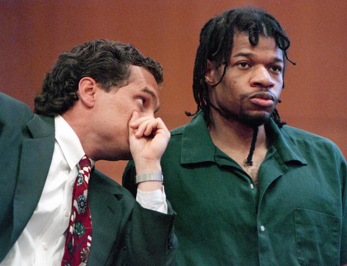 Convicted killer Christopher Scarver listens to one of his attorneys, Daniel Patrykus, during a special hearing on May 15, 1995, in Portage, Wis. At the hearing, Scarver changed his not guilty plea in the beating death of serial killer Jeffrey Dahmer and Jesse Anderson, to no contest on two first degree intentional homicide charges.