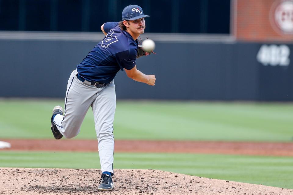 Oral Roberts utility Jakob Hall (44) pitches in the second inning during a game in the NCAA Stillwater Regional between the Oklahoma State Cowboys (OSU) and the Oral Roberts Golden Eagles at O'Brate Stadium in Stillwater, Okla., on Friday, June 2, 2023.