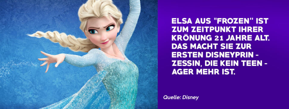 Haben Sie sich schon mal gefragt, wieso alle Disney-Prinzessinnen eigentlich so jung und aufmüpfig sind? Sie wurden alle als Teenager erdacht, stecken jeweils also mitten in der Pubertät oder haben diese gerade verlassen. Einzig Elsa aus “Frozen” ist zum Zeitpunkt ihrer Krönung 21 Jahre alt. Das macht sie zur ersten Disneyprinzessin, die kein Teenager mehr ist.