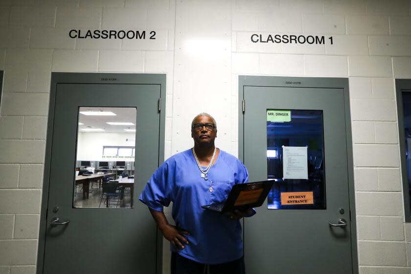 Ione, CA - September 06: Student Luke Scott is working on a master's in humanities, taking advantage of a program that CDCR is rolling out in partnership with CSU, Dominguez Hills on Wednesday, Sept. 6, 2023 in Ione, CA. (Brian van der Brug / Los Angeles Times)