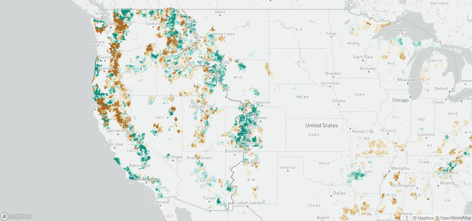 A map of the watersheds that overlap with the boundaries of national forests. This analysis is based on the Forest Service's predicted change in future water yield compared with the annual average yield from 1960 to 2015. One acre-foot is about 326,000 gallons, enough to supply two to three households for a year.