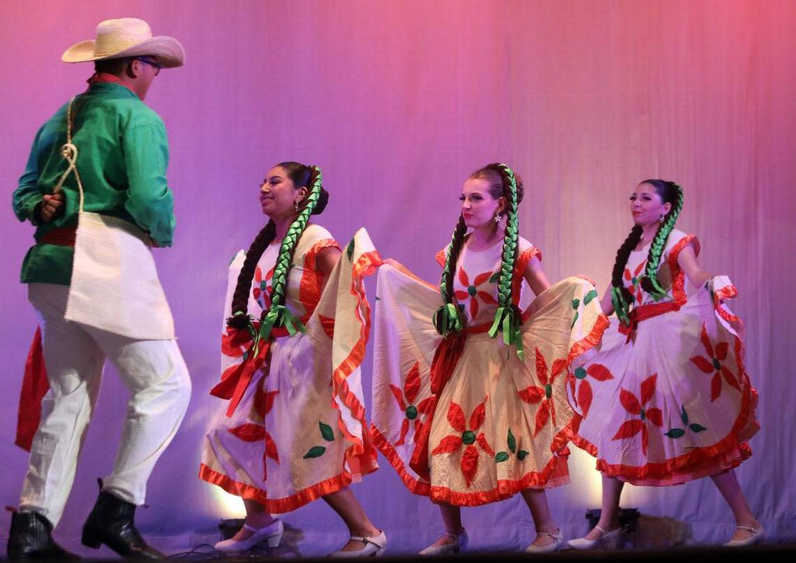 Rodrgo Pérez, Ariel Garza, Chloe Hoskins, and Gabby López perform ‘Jarabe de Río Verde’ from San Luis Potosí at the Central East Danzantes de Tláloc 25th anniversary show at the Performing Arts Center on May 26, 2023.