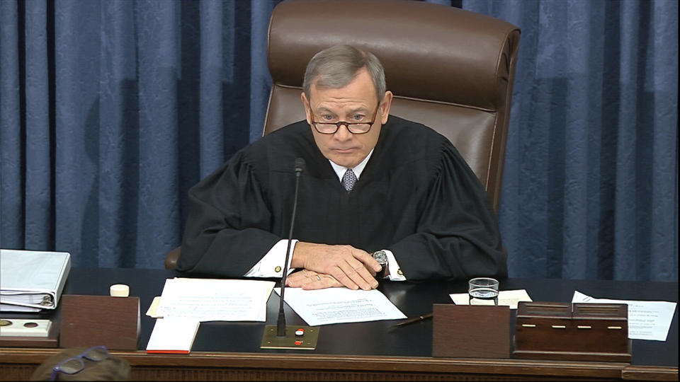 In this image from video, presiding officer Chief Justice of the United States John Roberts listens after declining to read a question submitted by Sen. Rand Paul, R-Ky., during the impeachment trial against President Donald Trump in the Senate at the U.S. Capitol in Washington, Thursday, Jan. 30 2020. (Senate Television via AP)