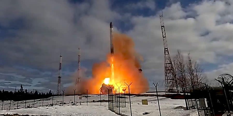 Test launch of an intercontinental ballistic missile of the Sarmat strategic complex, which, according to the Russian Ministry of Defense, has been in service with the aggressor's army since September 2023