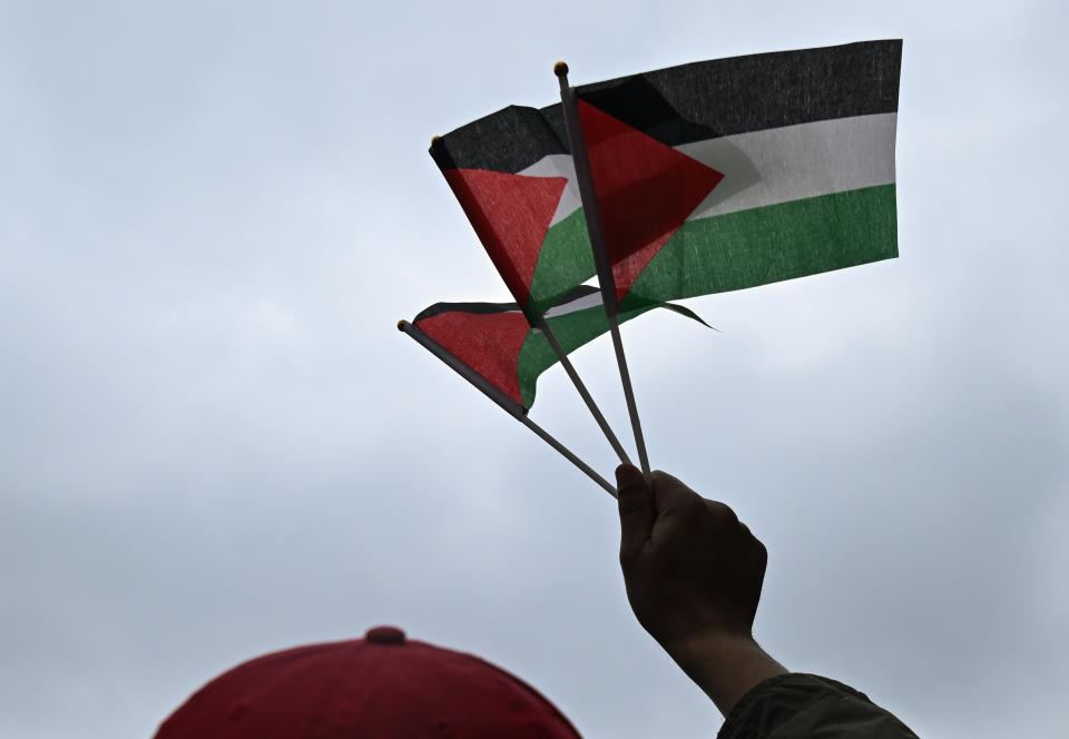 Un hombre ondea varias banderas palestinas. (Photo by Artur Widak/NurPhoto via Getty Images)