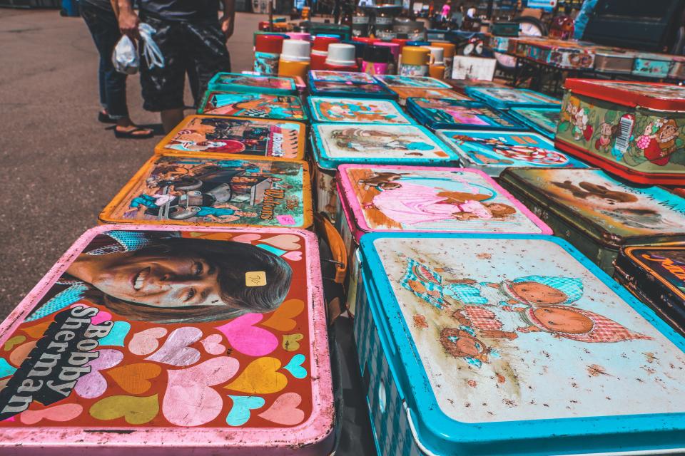 Nostalgia reigns at the Tri-State Antiques Market, where all merchandise is required to be at least 30 years old and out of production. Pictured: metal lunch boxes from the 1960s and 1970s.