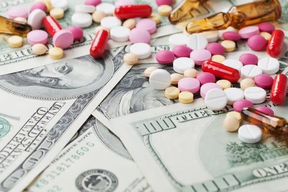 An assortment of pills on a pile of hundred dollar bills.