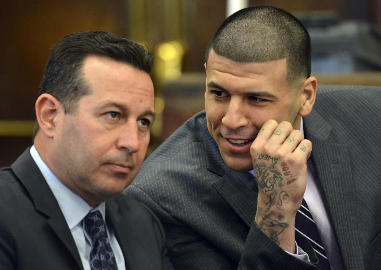 Attorney Jose Baez's book on Aaron Hernandez has details behind his former client's switch of jersey numbers during his time with the New England Patriots. (AP) 