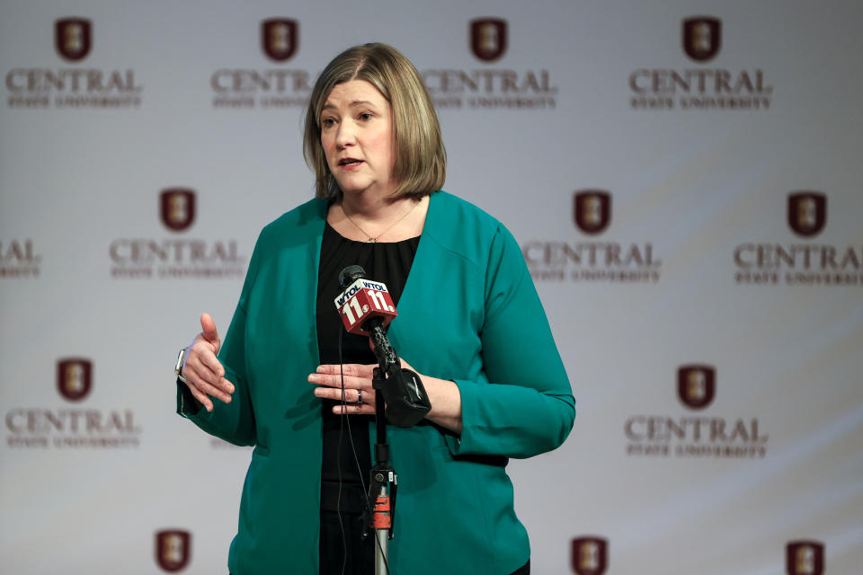 FILE - Nan Whaley, former Mayor of Dayton, running for Ohio governor, speaks to reporters following a debate against John Cranley at Central State University in Wilberforce, Ohio, March 29, 2022. The first multi-state contest of the 2022 midterm election season takes place Tuesday, May 3. Ohio voters will decide governor nominees and one of the most contentious and expensive Republican U.S. Senate primaries in the nation. (AP Photo/Aaron Doster, File)