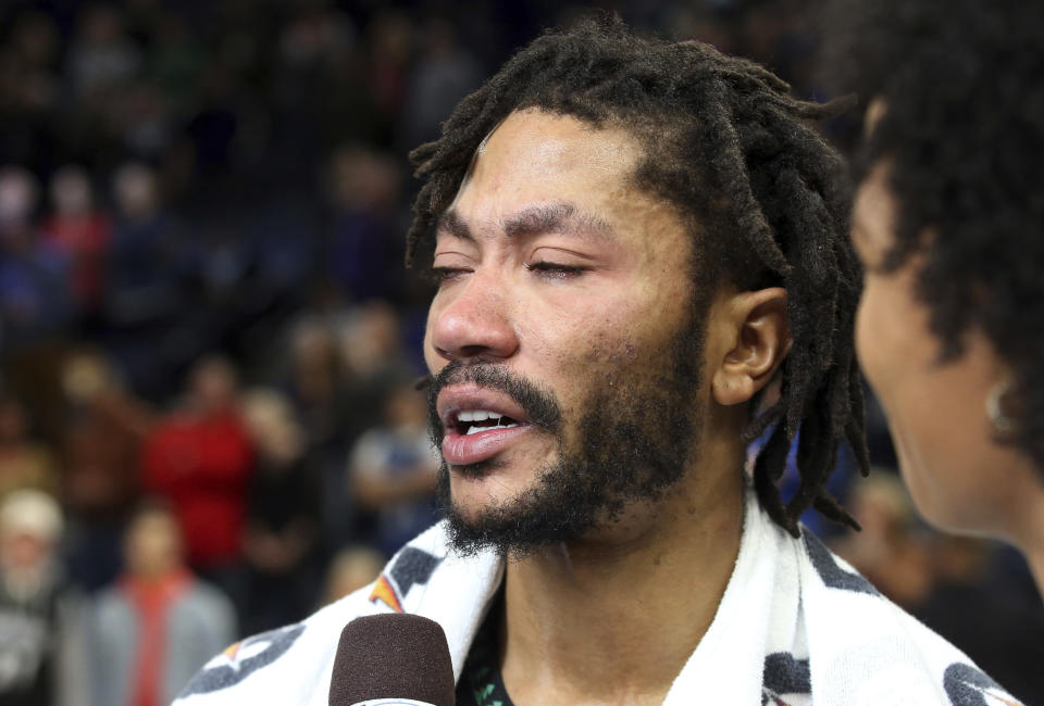 Minnesota Timberwolves' Derrick Rose is interviewed after he scored 50 points, a career high, against the Utah Jazz in an NBA basketball game Wednesday, Oct. 31, 2018, in Minneapolis. The Timberwolves won 128-125. (AP Photo/Jim Mone)