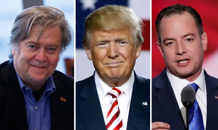 Steve Bannon, Donald Trump and Reince Priebus. (Photos: Evan Vucci/AP; J. Scott Applewhite/AP; Ralph Freso/Getty Images)