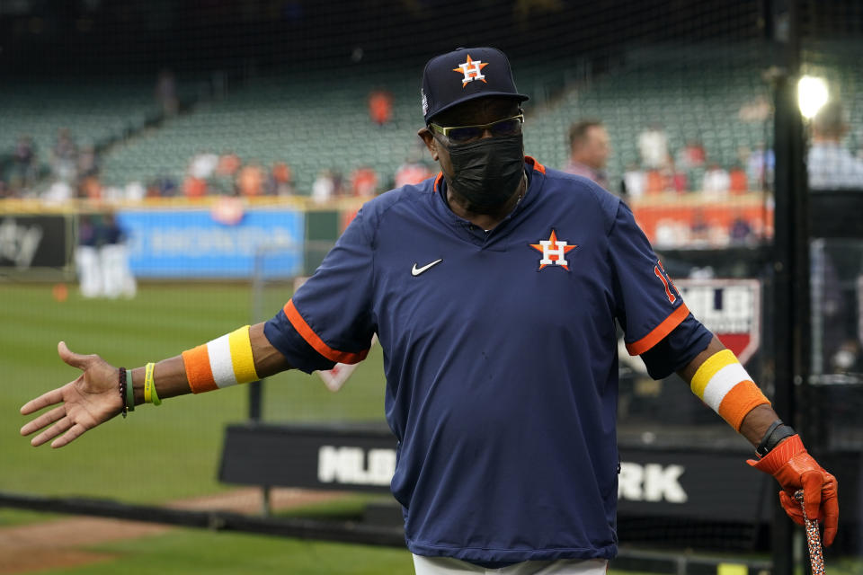 Houston Astros manager Dusty Baker Jr. arrives for batting practice before Game 6 of baseball's World Series between the Houston Astros and the Atlanta Braves Tuesday, Nov. 2, 2021, in Houston. (AP Photo/Eric Gay)