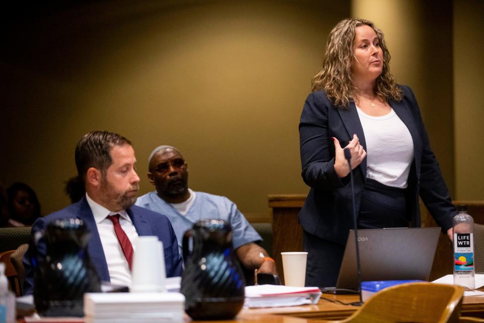 Jason Gichner, deputy director and senior legal counsel of the Tennessee Innocence Project, and Artis Whitehead, who has been in jail since 2003 on charges related to the robbery of B.B. King’s in 2002, listen as Jessica Van Dyke, the lead counsel and executive director of the Tennessee Innocence Project, present evidence in the argument that Whitehead was wrongfully convicted at Shelby County Criminal Court on Wednesday, September 6, 2023.
