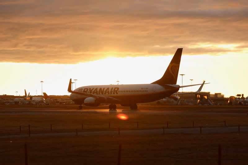 A Ryanair plane prepares to take off from Lisbon Humberto Delgado Airport on the first of three days cabin crew strike in Lisbon