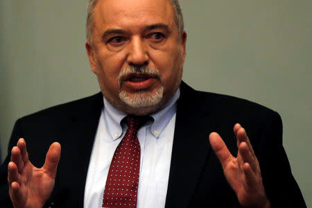 Israel's Defence Minister Avigdor Lieberman delivers a statement to the media following his party, Yisrael Beitenu, faction meeting at the Knesset, Israel's parliament, in Jerusalem November 14, 2018. REUTERS/Ammar Awad