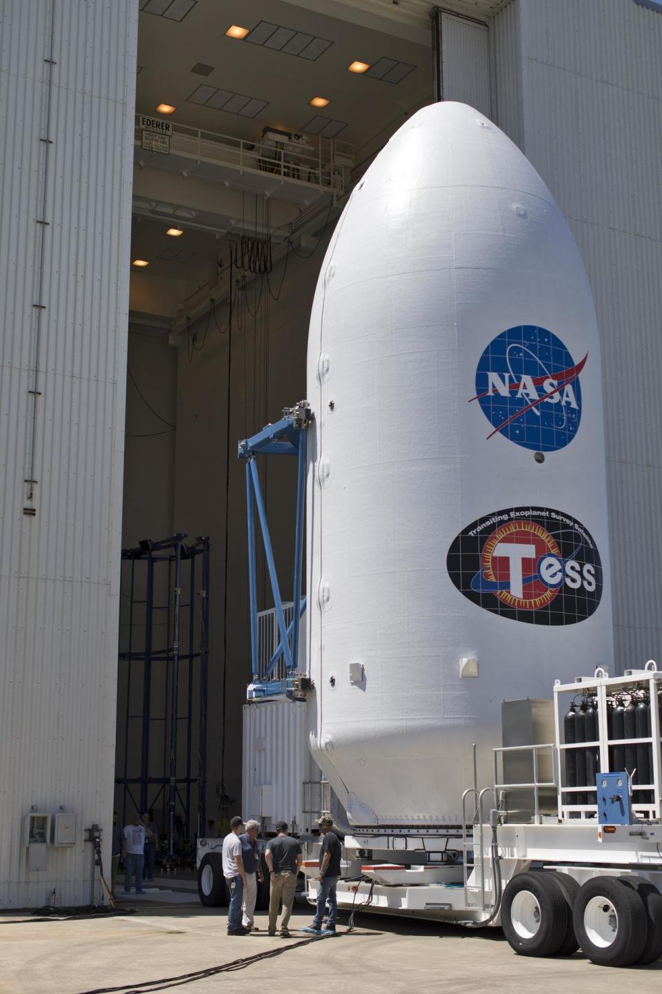 Nasa’s Transiting Exoplanet Survey Satellite (Tess) is moved inside the Payload Hazardous Servicing Facility at the agency’s Kennedy Space Centre in Florida (Nasa/Frankie Martin)