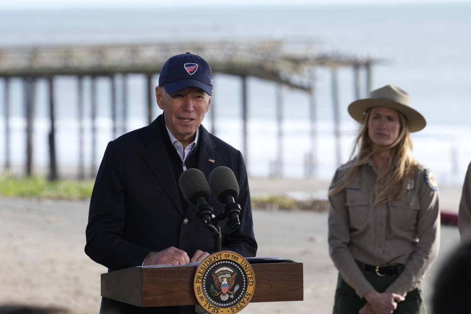 President Joe Biden speaks at Seacliff State Park in Aptos, Calif., Thursday, Jan 19, 2023. (AP Photo/Susan Walsh)