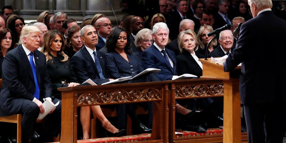 <p>"To us, his was the brightest of 1,000 points of light," said former President George W. Bush during the funeral service for his father, former President George H.W. Bush on Wednesday, to a crowd that included every current and former living president and vice president of the United States.</p><p>"He showed me what it means to be a president who serves with integrity, leads with courage, and acts with love in his heart for the citizens of our country," said the eldest Bush son. "Through our tears, let us know the blessings of knowing and loving you-a great and noble man, the best father a son or daughter can have. And, in our grief, let us smile knowing that Dad is hugging Robin and holding Mom's hand again."</p><p>Also at the funeral were members of Congressional leadership, including Paul Ryan, Mitch McConnell, Chuck Schumer, and Nancy Pelosi, as well as foreign dignitaries, including German Chancellor Angela Merkel and former Canadian Prime Minister Brian Mulroney, who was a friend of H.W.</p><p>While President Trump did not speak at the funeral-traditionally, the sitting president usually makes remarks at presidential funerals-he did appear to sit quietly for the duration of the service. According to the <em>New York Times</em>, this is the first time Trump has joined former presidents at any event since his inauguration. </p>