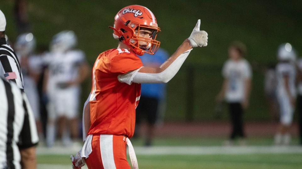 Cherokee's Tommy Pajic celebrates after kicking an extra point during Cherokee's 47-7 victory over Hammonton at Cherokee High School in Marlton on Thursday, August 31, 2023.  
