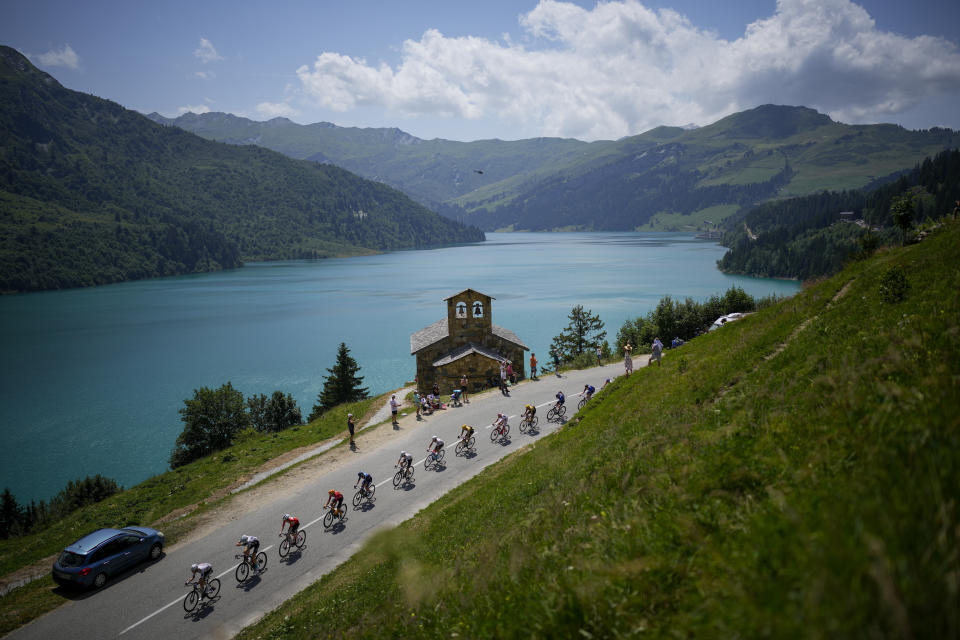 FILE - The breakaway group climbs Cormet de Roselend pass during the seventeenth stage of the Tour de France cycling race over 166 kilometers (103 miles) with start in Saint-Gervais Mont-Blanc and finish in Courchevel, France, Wednesday, July 19, 2023. (AP Photo/Daniel Cole, File)