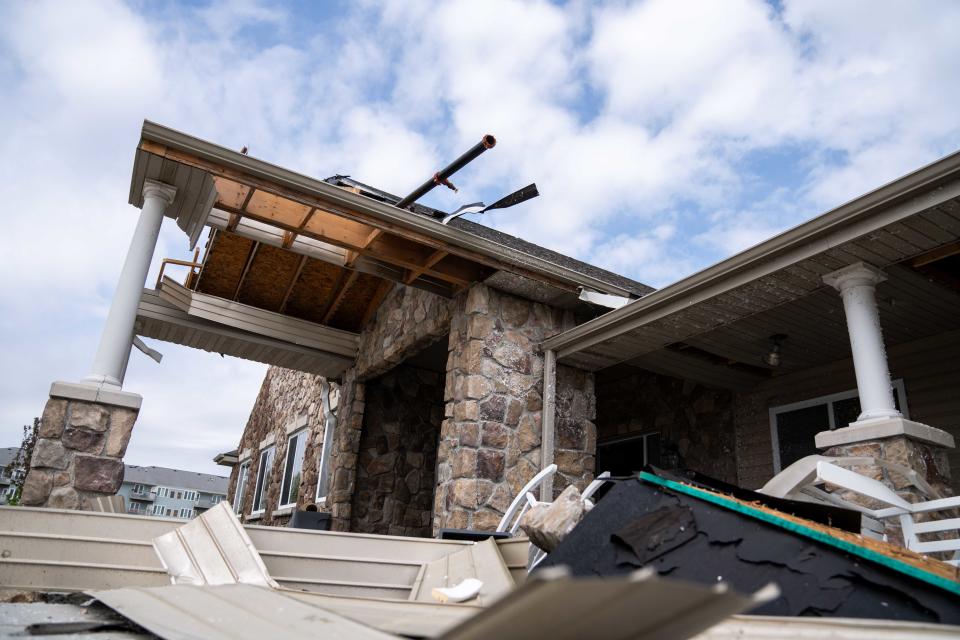 Damage to the front entrance of Homestead Assisted Living after a tornado Saturday, April 27, 2024, in Creston, IA.