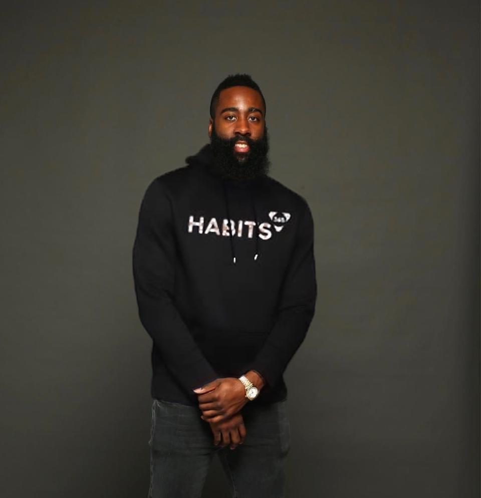 NBA All-Star James Harden poses in a habits 365 hoodie. 