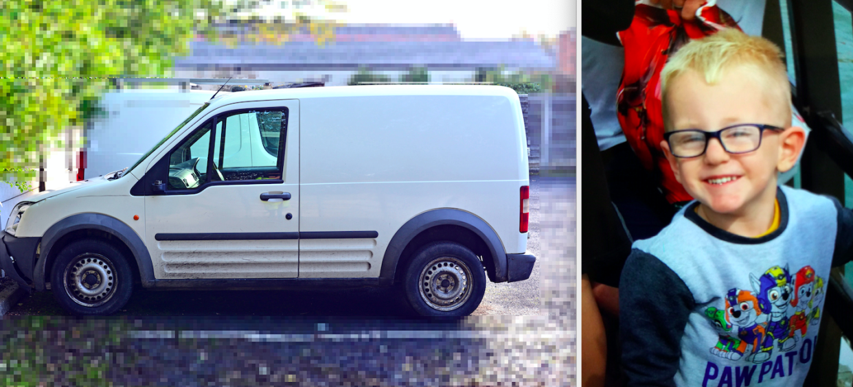 <em>Leo Durrington was hit by a stolen white Ford Transit Connect van (left) on Tuesday (PA)</em>