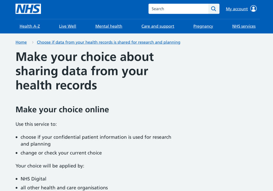 The NHS website has a section where patients can choose to opt out of sharing data. (NHS)