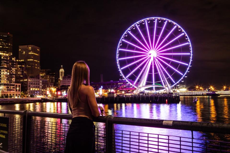 The Great Seattle Wheel Lit Up via Getty Images
