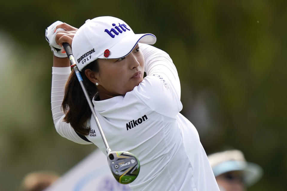 Jin Young Ko, of South Korea, watches her tee shot on the seventh hole during the third round of the LPGA Tour ANA Inspiration golf tournament at Mission Hills Country Club Saturday, April 6, 2019, in Rancho Mirage, Calif. (AP Photo/Chris Carlson)