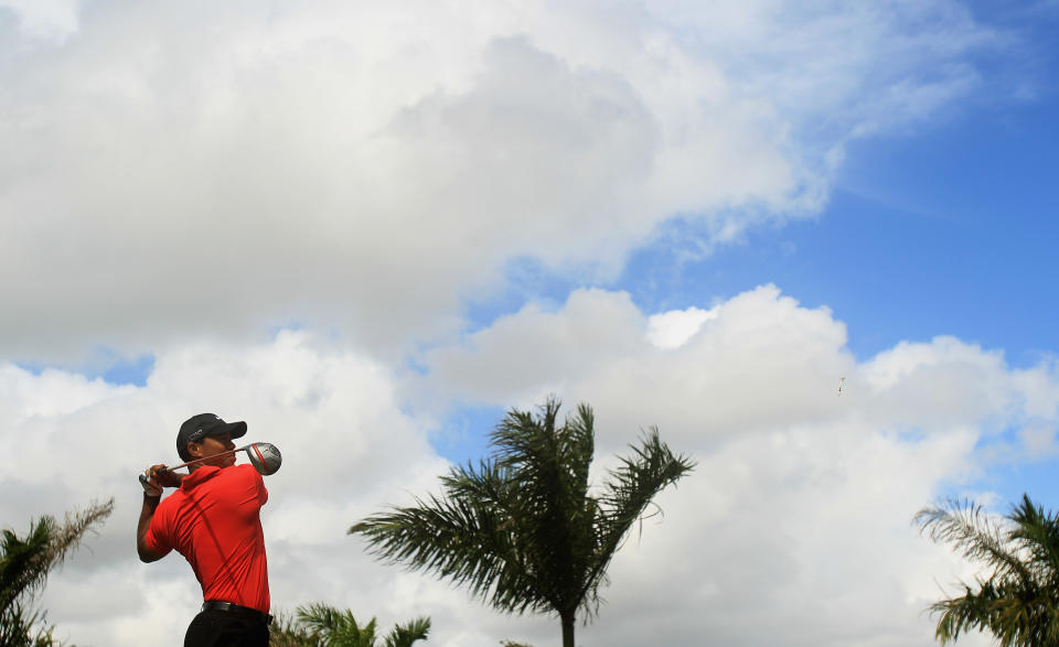 MIAMI, FL - MARCH 11: Tiger Woods watches his tee shot on the eighth hole during the final round of the World Golf Championships-Cadillac Championship on the TPC Blue Monster at Doral Golf Resort And Spa on March 11, 2012 in Miami, Florida. (Photo by Scott Halleran/Getty Images)