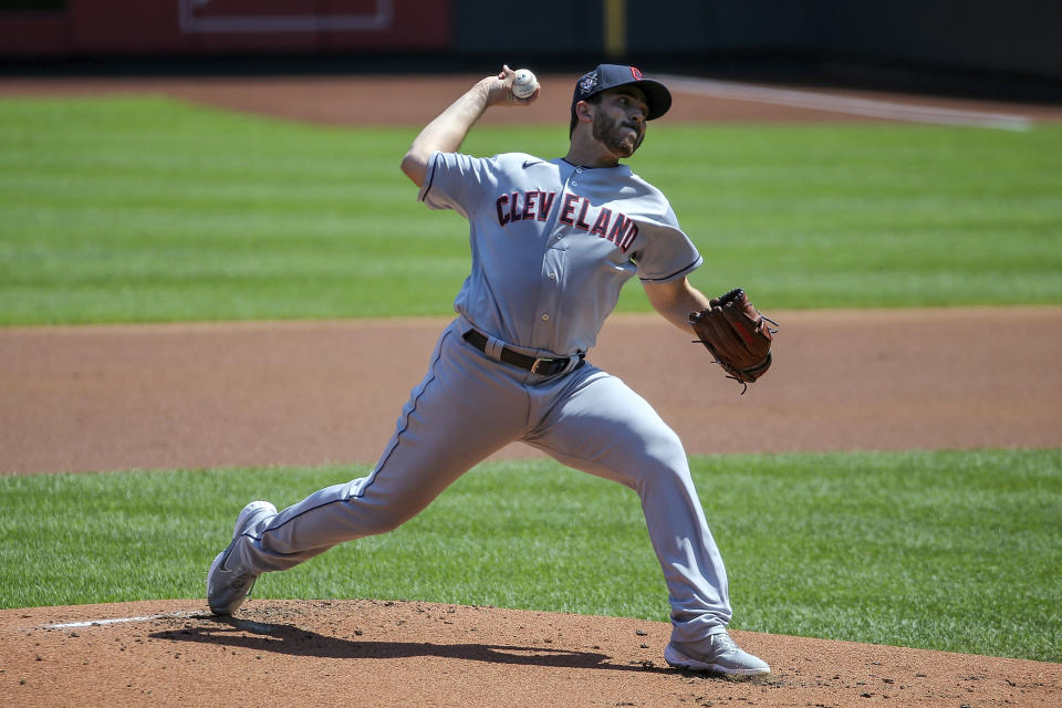 Cleveland Indians starting pitcher Aaron Civale (43) delivers during the first inning of a baseball game against the St. Louis Cardinals Sunday, Aug. 30, 2020, in St. Louis. (AP Photo/Scott Kane)