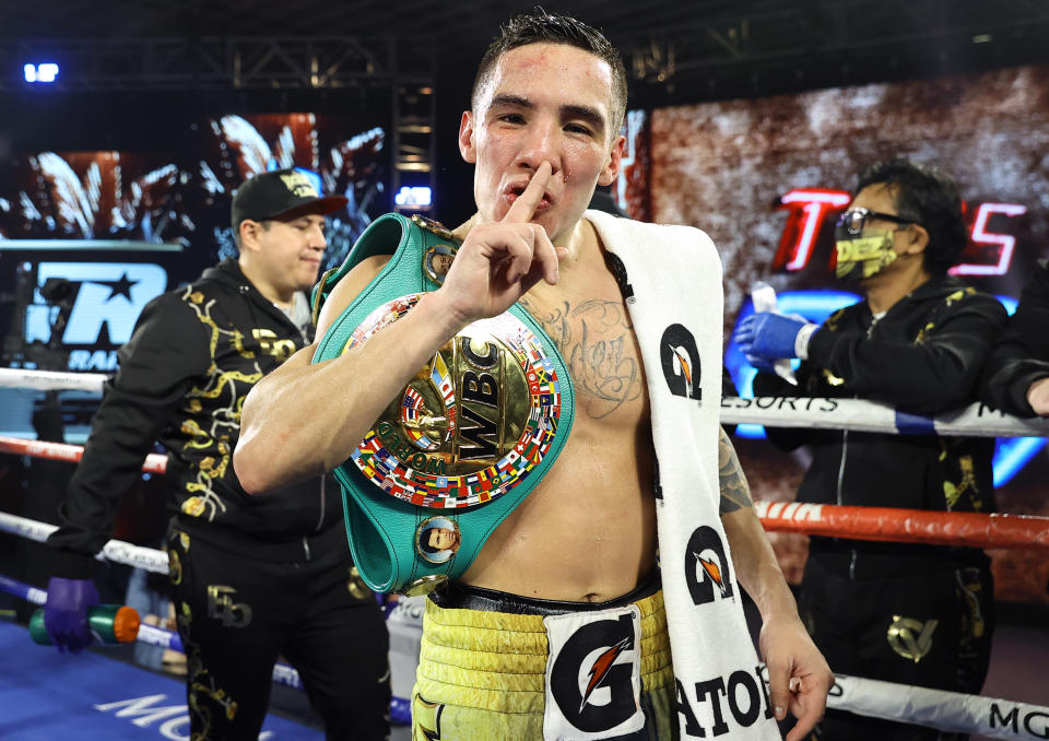 LAS VEGAS, NV - FEBRUARY 20: Oscar Valdez is victorious as he defeats Miguel Berchelt for the WBC super featherweight title at the MGM Grand Conference Center on February 20, 2021 in Las Vegas, Nevada. (Photo by Mikey Williams/Top Rank Inc via Getty Images)