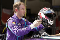 FILE - Cody Ware gets ready for a NASCAR Daytona 500 auto race practice session at Daytona International Speedway in Daytona Beach, Fla., in this Wednesday, Feb. 10, 2021, file photo. Ware will make his IndyCar debut at Road America this weekend driving a car for Dale Coyne Racing that has an association with Ware's father. (AP Photo/John Raoux, File)