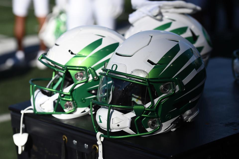 Sep 24, 2022; Pullman, Washington, USA; Oregon Ducks helmets sit during a game against the Washington State Cougars in the second half at Gesa Field at Martin Stadium. Mandatory Credit: James Snook-USA TODAY Sports