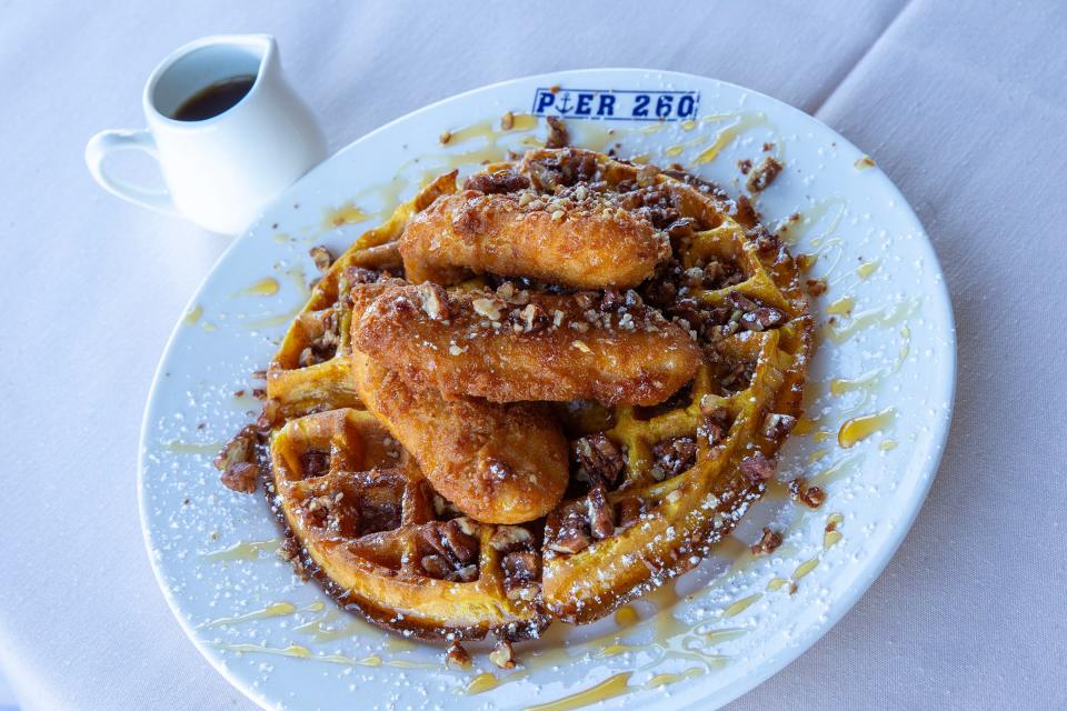 Chicken and waffles at The Beach Gallery, a triple decker multi-purpose building with a cafe, brunch dining room, tea room and rooftop bar, in Keansburg.