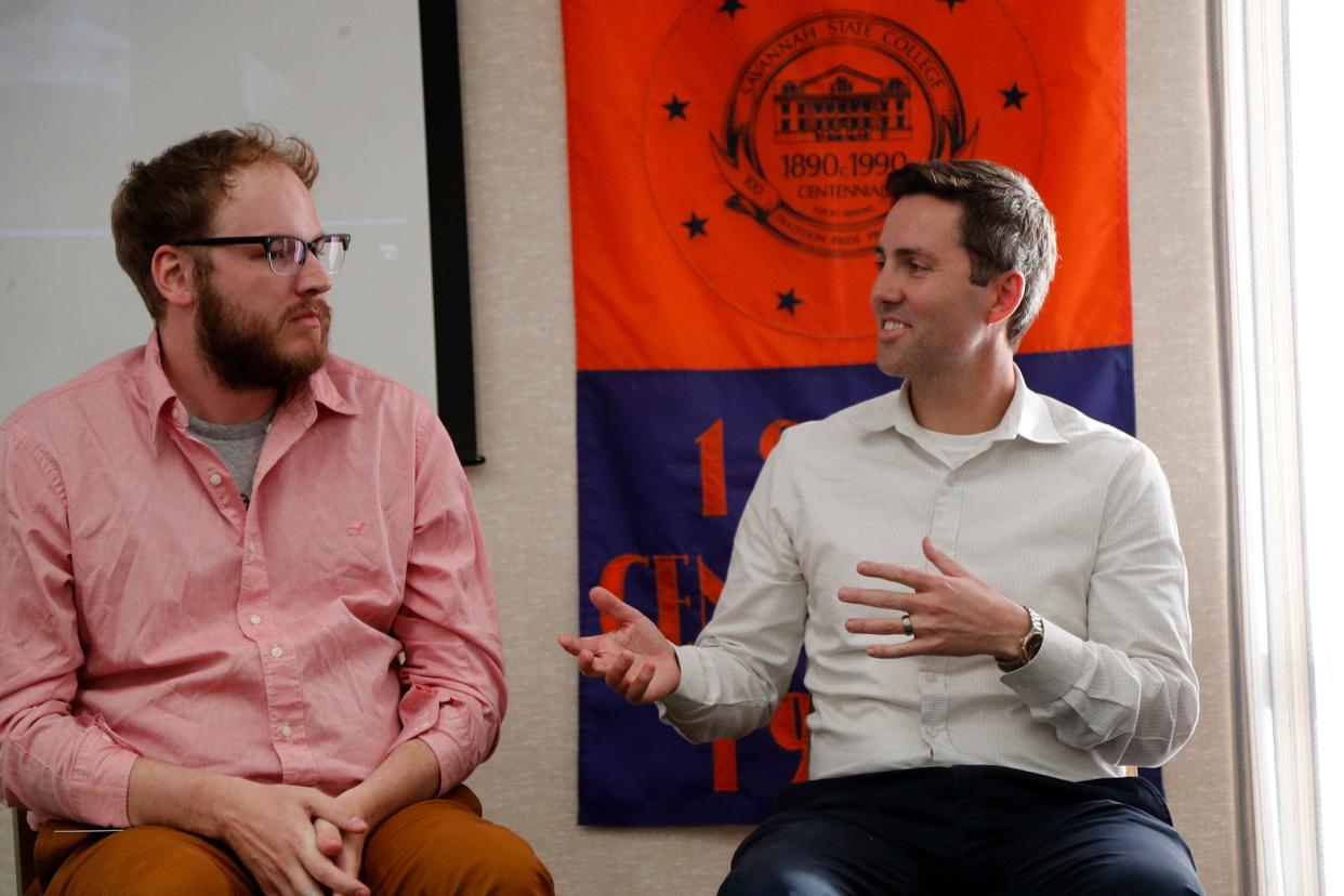 Documentary filmmaker Patrick Longstreth is joined by Savannah Morning News editor Zach Dennis during a panel discussion about the 1971 chemical explosion at the Thiokol Plant in Woodbine Georgia.