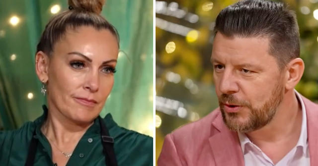 My Kitchen Rules contestant Leanne looking upset, and judge Manu Feildel talking to her