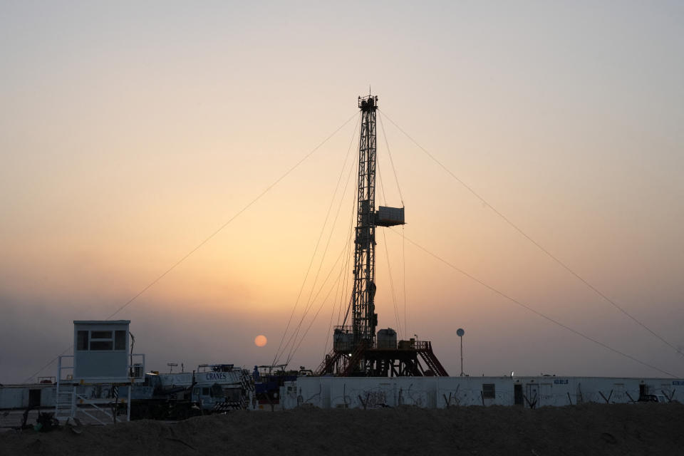 A general view shows an oil rig used in drilling at the Zubair oilfield in Basra, Iraq