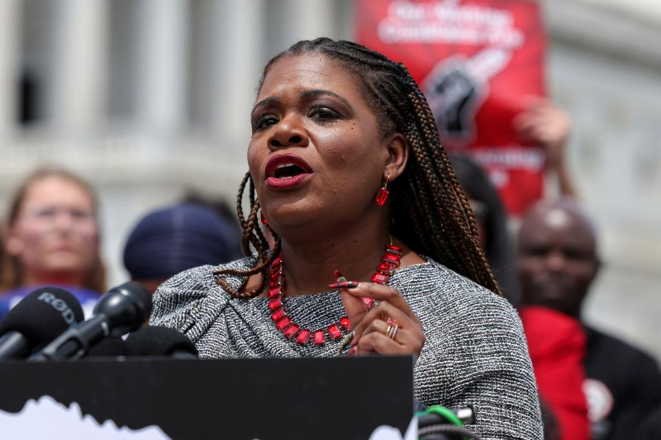 U.S. Representative Cori Bush (D-MO) speaks during a press conference alongside lawmakers and university union members on protecting the right of free speech, following a crackdown on pro-Palestinian protests on college campuses, on Capitol Hill in Washington, U.S., May 23, 2024.