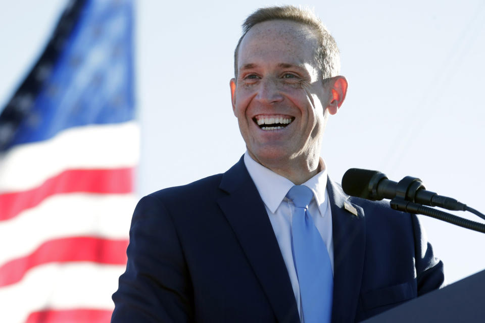 Ted Budd, Republican candidate for U.S. Senate from North Carolina, looks on Sept. 23, 2022 ,in Wilmington, N.C. (AP Photo/Chris Seward, File)