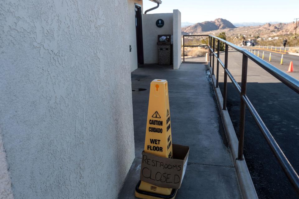 Closed restrooms and stuffed trashcan at Joshua Tree National Park on Friday, December 28, 2018. The government shutdown has left the park unstaffed.