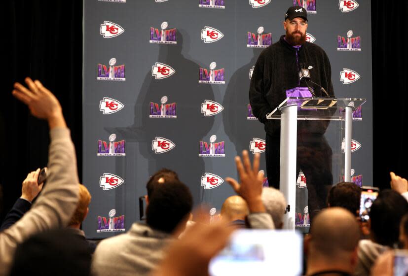 HENDERSON, NEVADA - FEBRUARY 08: Travis Kelce of the Kansas City Chiefs speaks to the media during Kansas City Chiefs media availability ahead of Super Bowl LVIII at Westin Lake Las Vegas Resort and Spa on February 08, 2024 in Henderson, Nevada. (Photo by Jamie Squire/Getty Images)