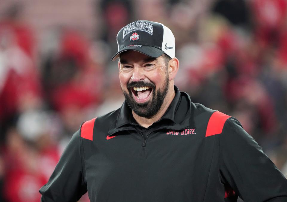 Sat., Jan. 1, 2022; Pasadena, California, USA; Ohio State Buckeyes head coach Ryan Day celebrates following the Buckeyes’ 48-45 victory against the Utah Utes in the 108th Rose Bowl Game.<br>Rose Bowl Game Ohio State Buckeyes Against Utah Utes