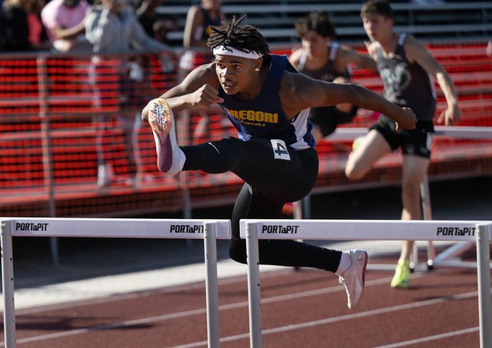 Gregori hurdler Zillion Johnson won the 110 meter race with a time of 15.27 during the Central California Athletic League Championships at Downey High School in Modesto, Calif., Wednesday, May 1, 2024.