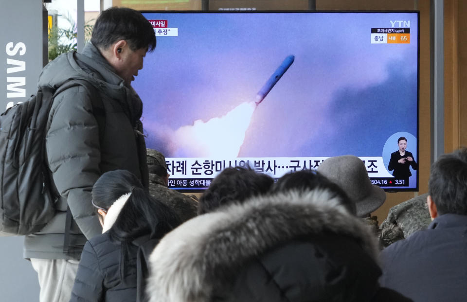 A TV screen shows a file image of North Korea's missile launch during a news program at the Seoul Railway Station in Seoul, South Korea, Tuesday, Jan. 30, 2024. North Korea fired multiple cruise missiles into waters off its western coast Tuesday in its third launch of such weapons this month, South Korea's military said, as the North continues to flaunt its expanding arsenal of weapons designed to overwhelm its rivals defenses. (AP Photo/Ahn Young-joon)