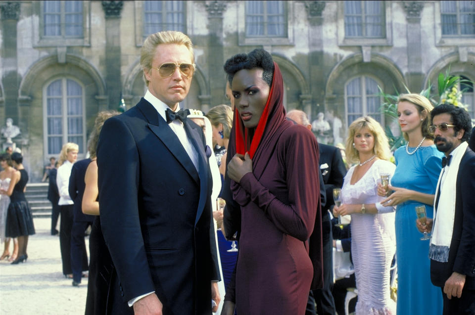 Actress Grace Jones and actor Christopher Walken on the set of 